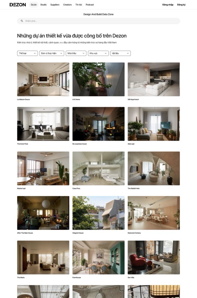 Trang dự án trên Dezon: bộ lọc theo thể loại, đơn vị thực hiện, nhà thầu, khu vực, vật liệu và lưới dự án đã công bố