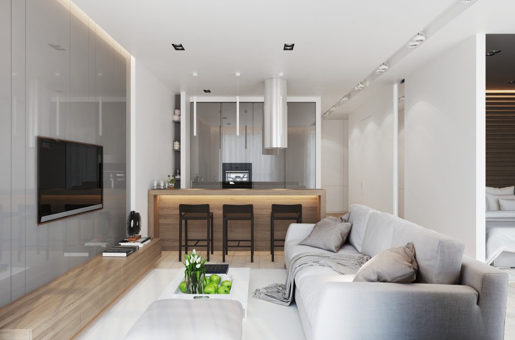 mẫu nội thất phòng khách và bếp 20m2
