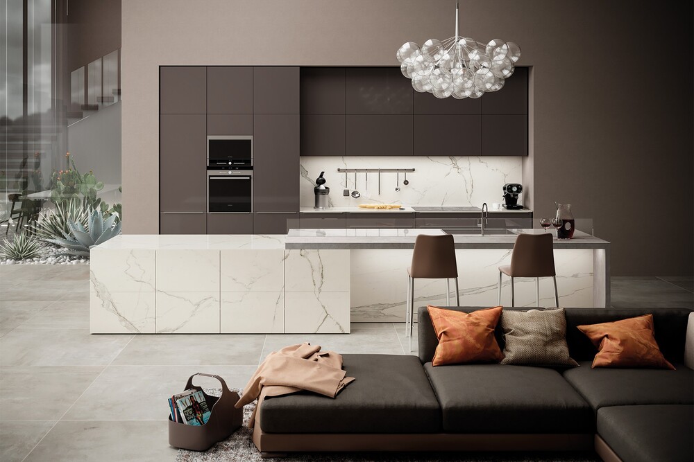 nội thất phòng khách và bếp kết hợp quầy bar mini