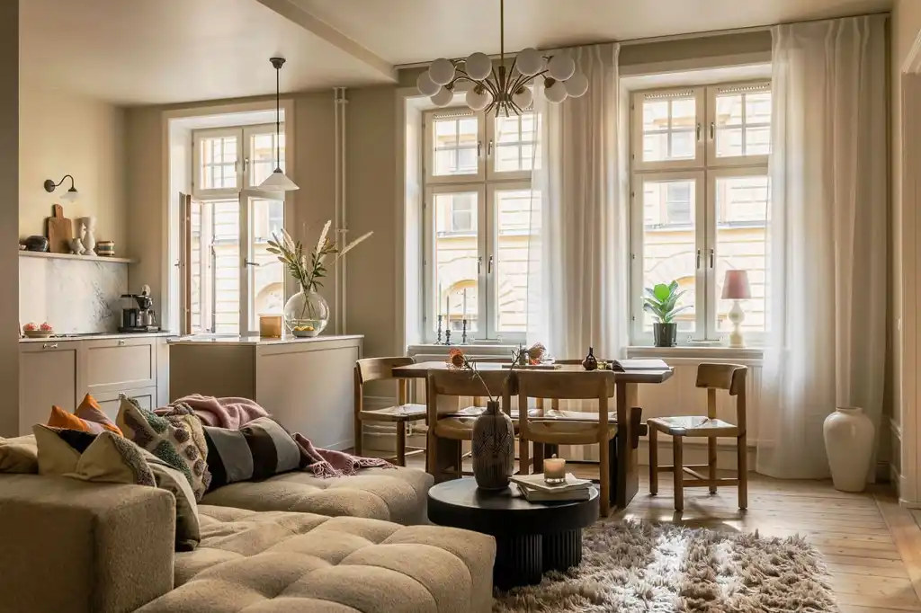 nội thất phòng khách và bếp liên thông hài hoà