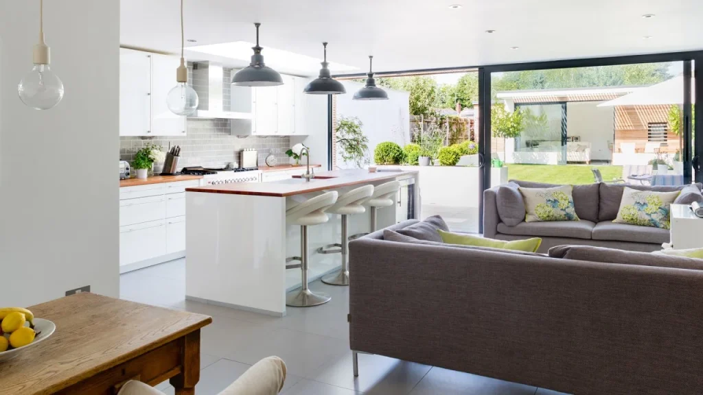 Kết hợp nội thất phòng khách và bếp  tối giản