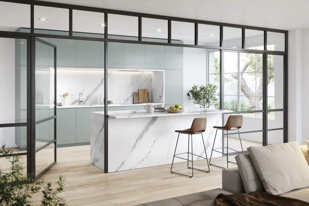 nội thất phòng khách và bếp với quầy bar