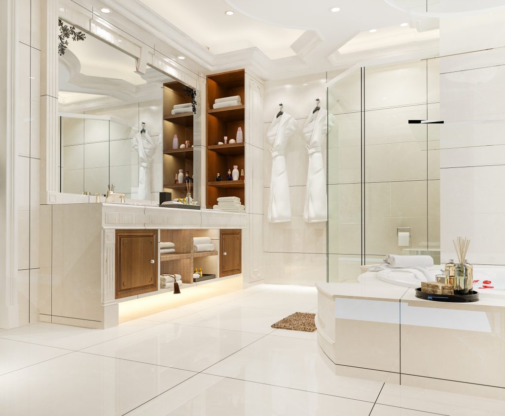 mẫu trang trí nội thất nhà tắm với gương lớn