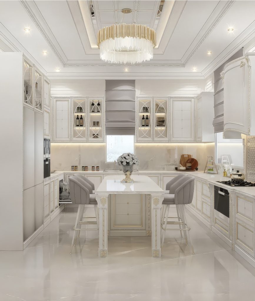 Mẫu thiết kế nội thất tân cổ điển cho phòng bếp nhà ống