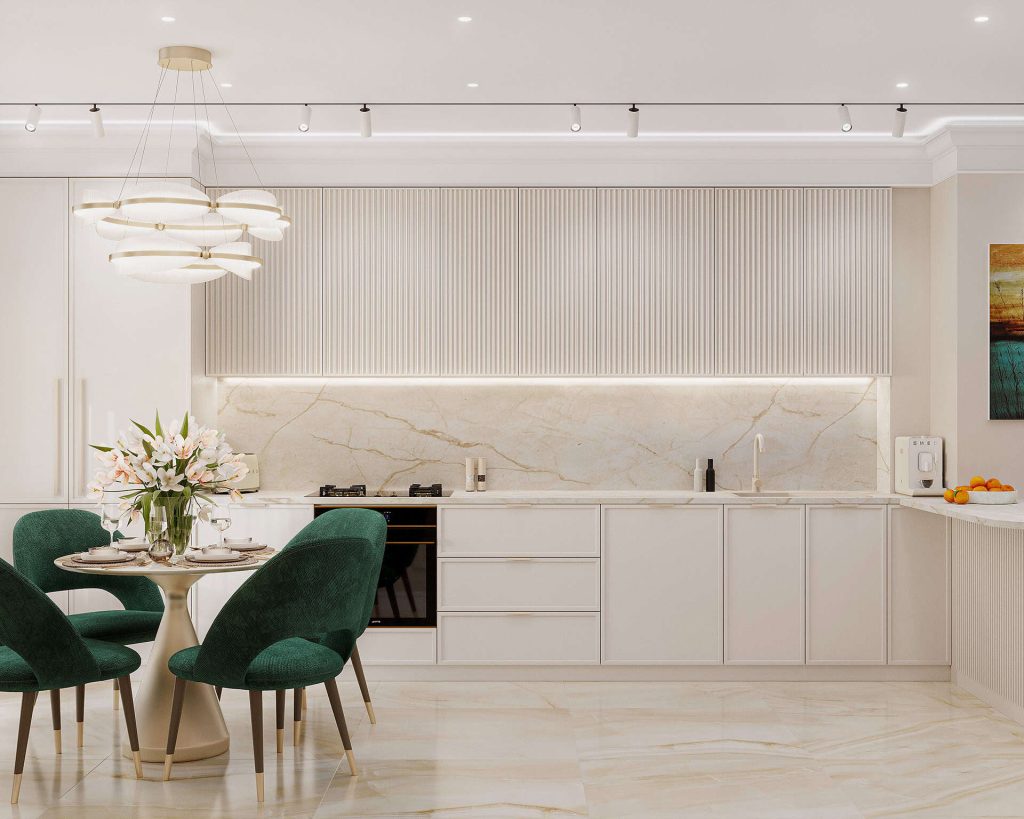 Mẫu thiết kế nội thất tân cổ điển cho phòng bếp căn hộ chung cư
