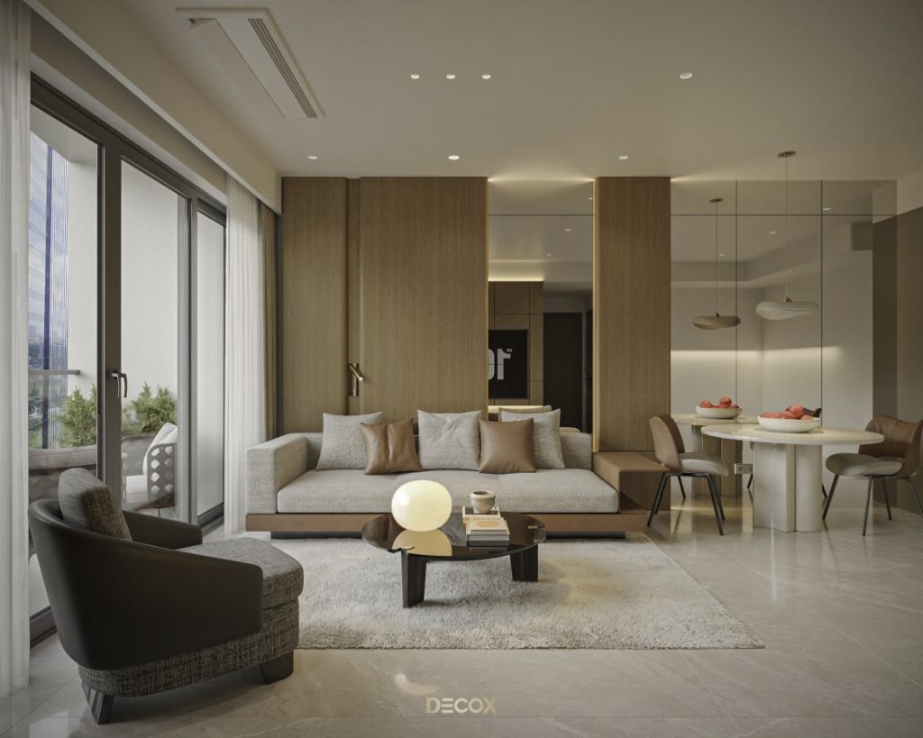 thiết kế nội thất chung cư 90m2 phòng khách liên thông bếp