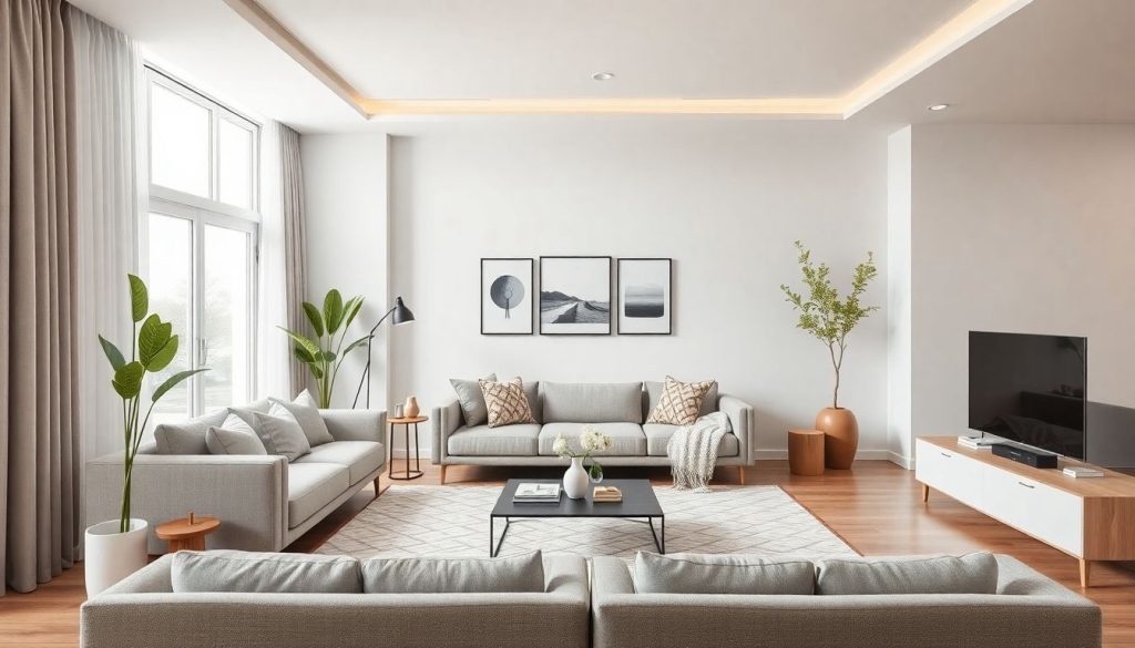 Thiết kế nội thất phòng khách tối giản với màu sắc trung tính