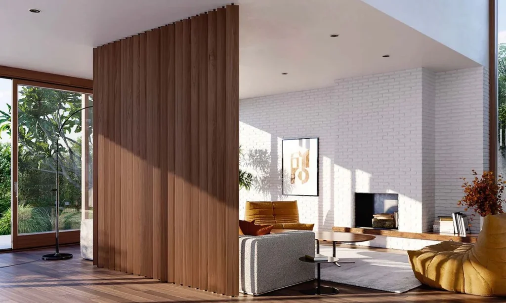 mẫu thiết kế nội thất phòng khách nhà ống rèm ngăn giữa 2 gian phòng