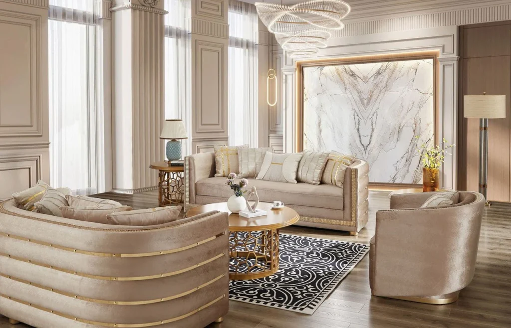 thiết kế nội thất phòng khách nhà ống sử dụng chất liệu cao cấp