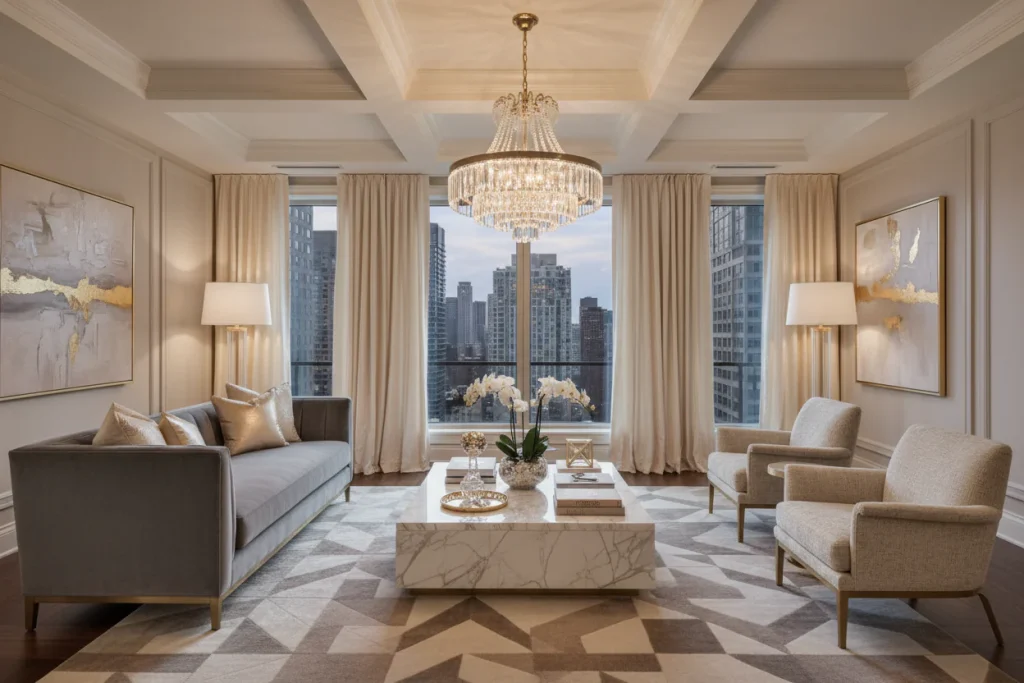 mẫu thiết kế nội thất phòng khách nhà ống sử dụng đèn chùm