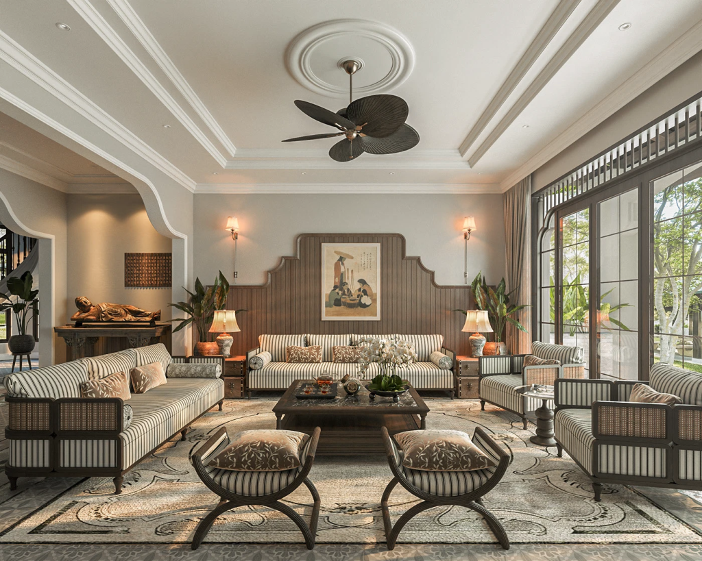 mẫu thiết kế nội thất phòng khách nhà ống phong cách Đông Dương