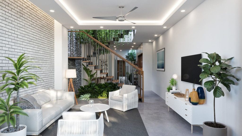 thiết kế nội thất phòng khách nhà ống sử dụng sofa phù hợp