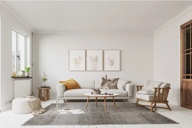 thiết kế nội thất phòng khách nhà ống bảng màu nhẹ nhàng