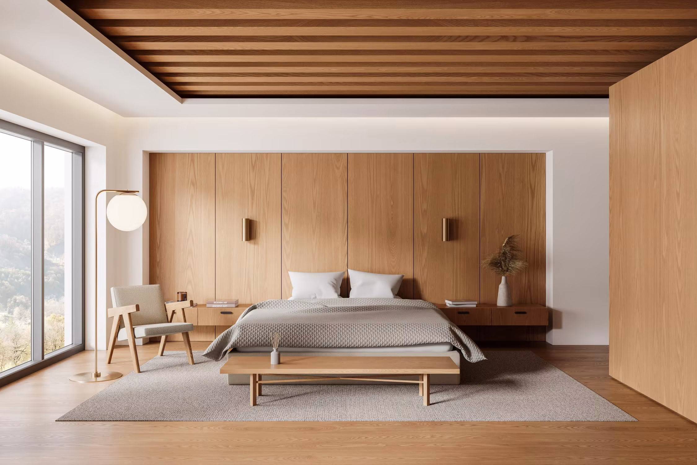 thiết kế nội thất phòng ngủ với gỗ tự nhiên