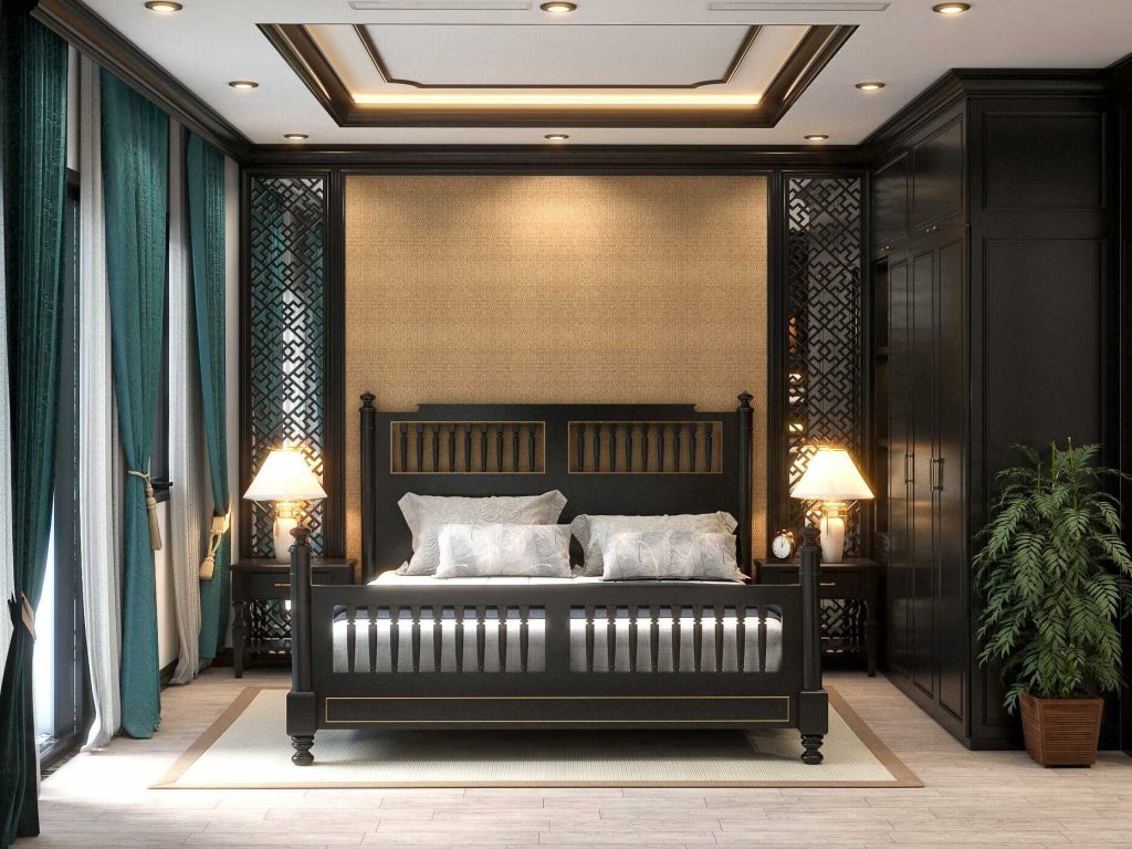 Mẫu thiết kế nội thất phòng ngủ Đông Dương gần gũi thiên nhiên