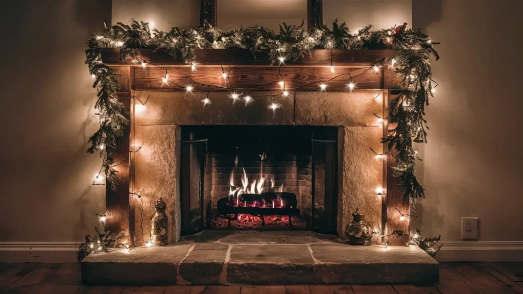 trang trí lò sưởi giáng sinh với đèn led ngôi sao mini