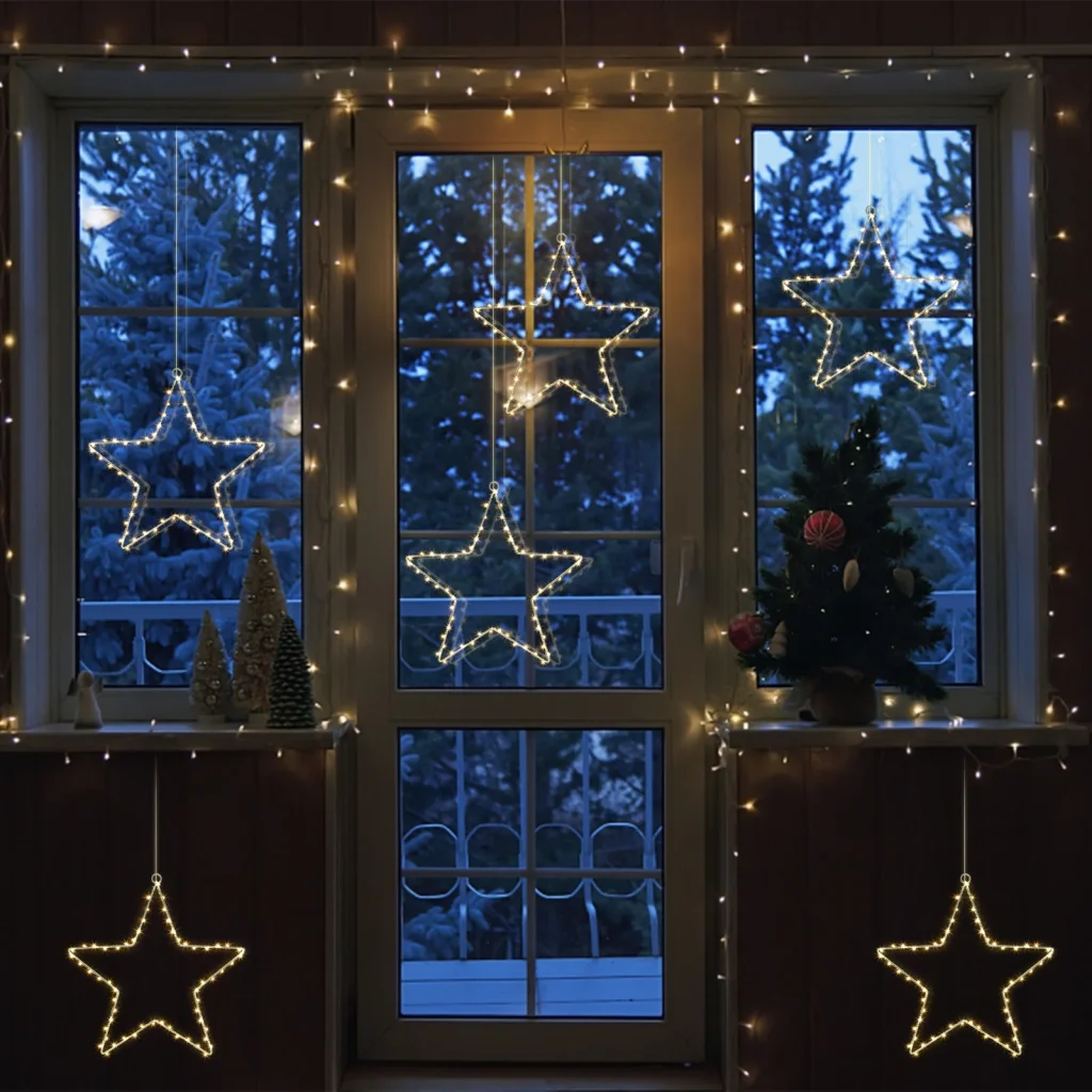 trang trí noel cho cửa kính với đèn ông sao