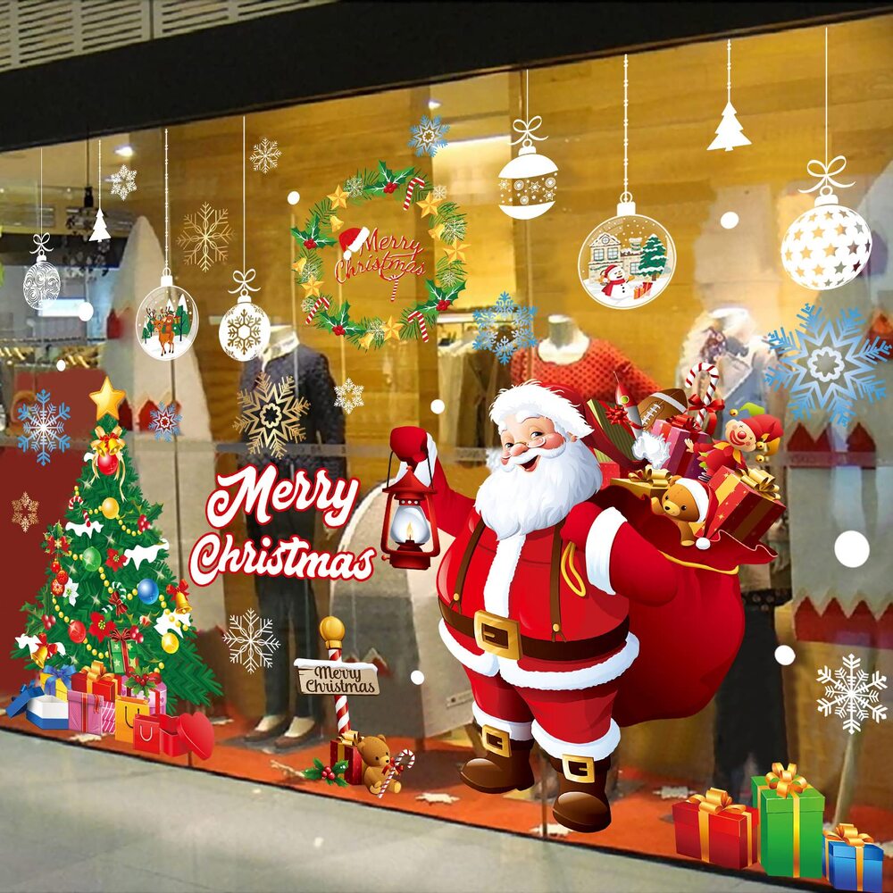 trang trí noel cho cửa kính với hình dán ông già noel