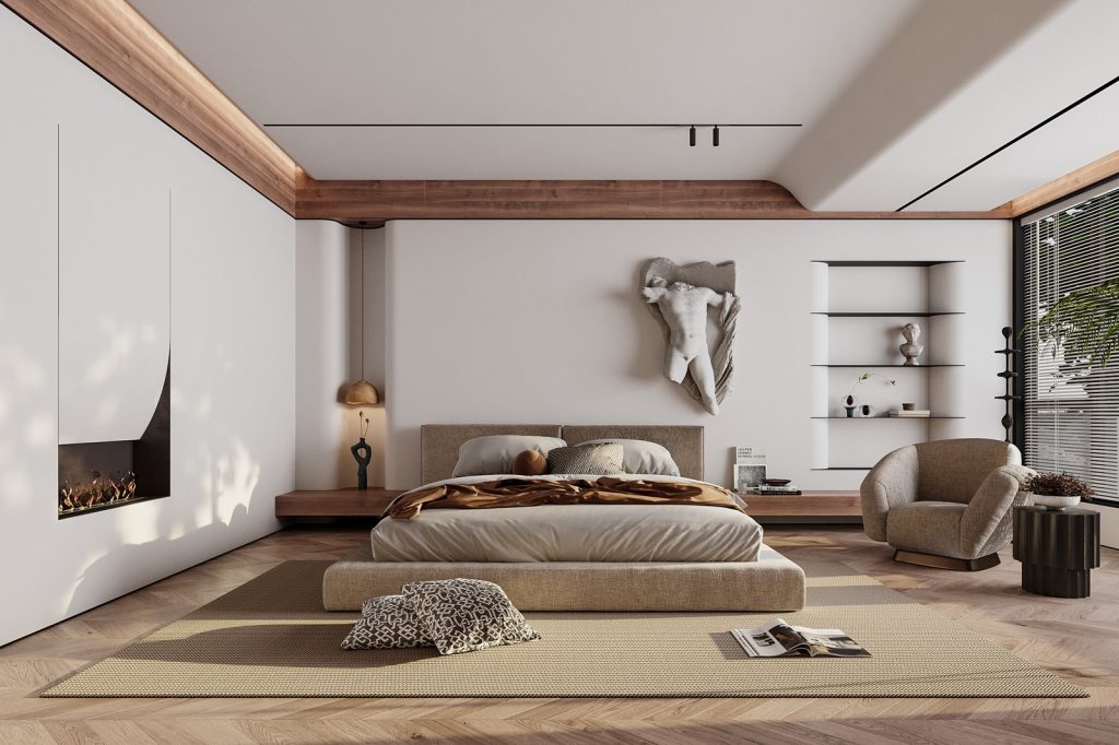 decor phong ngủ bằng thảm trải sàn ấm cúng