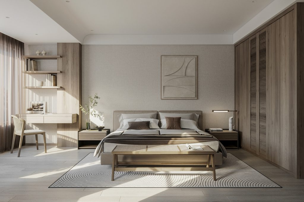 decor phong ngủ bằng kệ treo tường