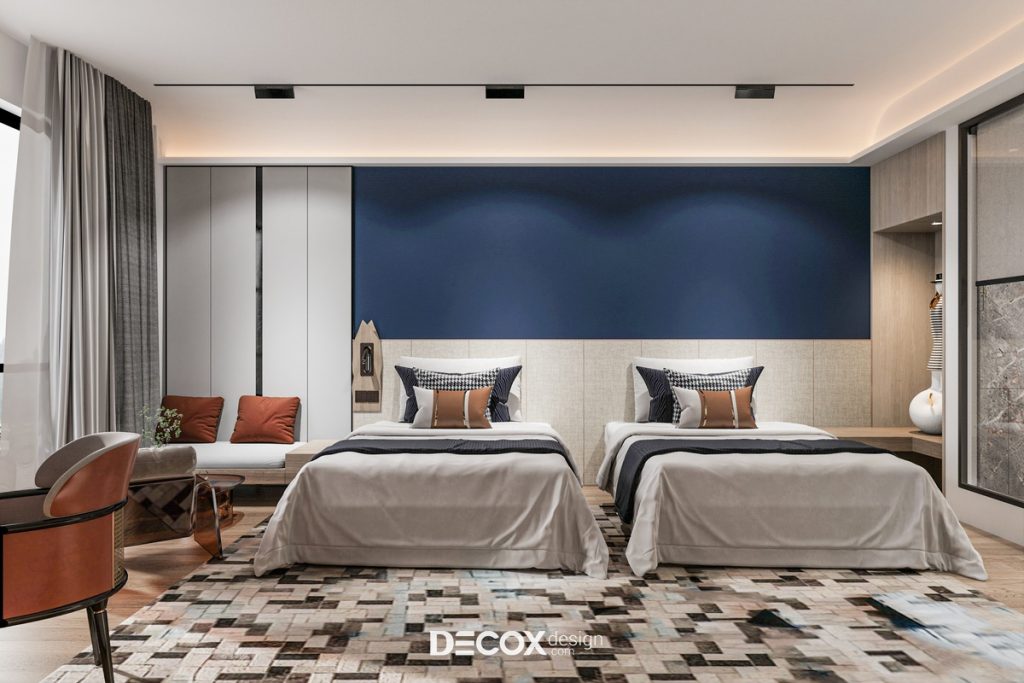 decor phong ngủ với màu xanh tạo điểm nhấn 