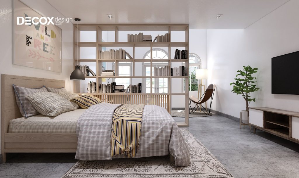 decor phong ngủ bằng vách ngăn gỗ