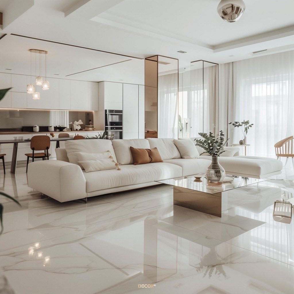 gạch lát nền phòng khách màu trắng vân mây