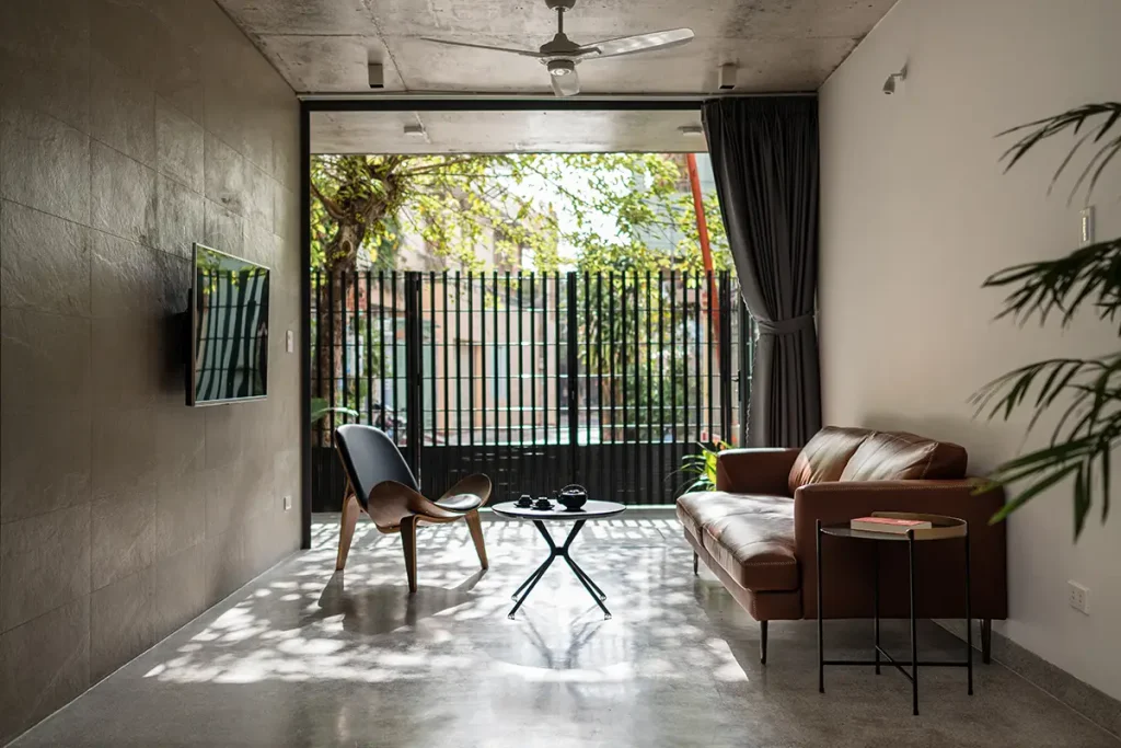 gạch ốp tường phòng khách giả bê tông