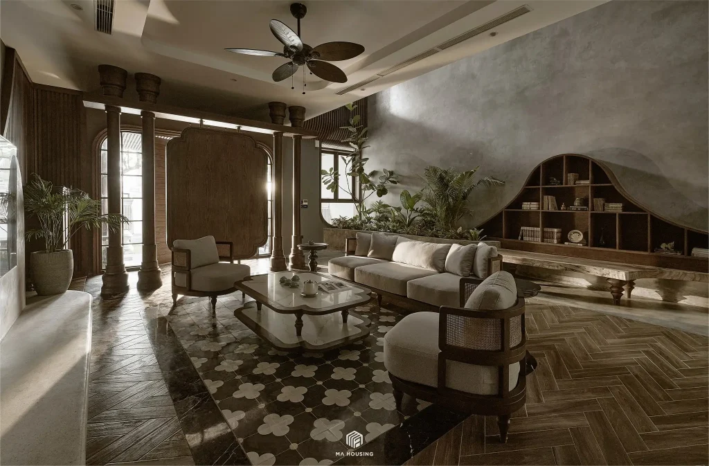 phối màu gạch ốp tường phòng khách phong cách Vintage