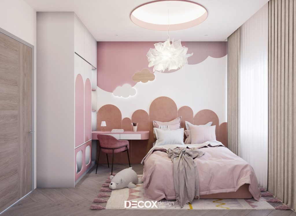 thiết kế phòng ngủ bé gái với tông hồng và trắng