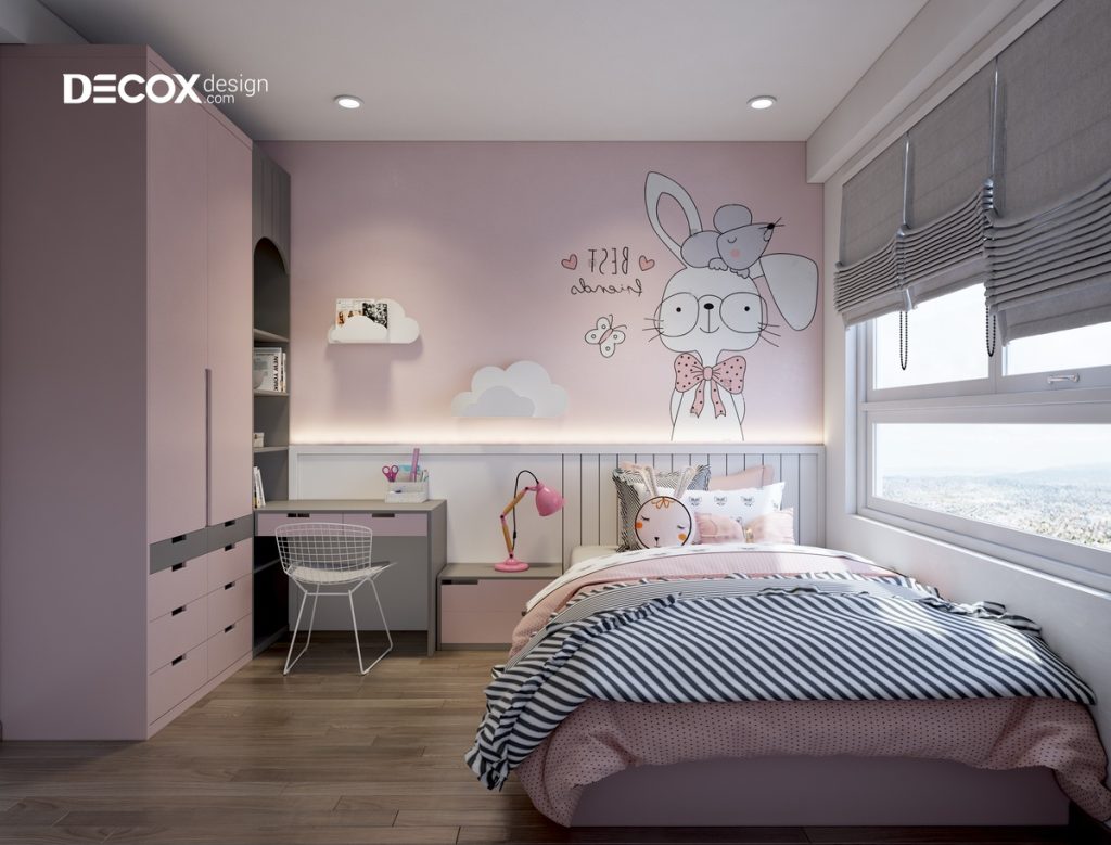 decor phòng ngủ bé gái với nhân vật hoạt hình đáng yêu