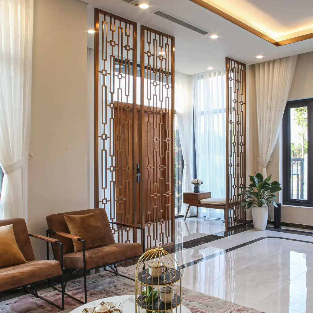 vách ngăn phòng khách bằng gỗ công nghiệp độc đáo