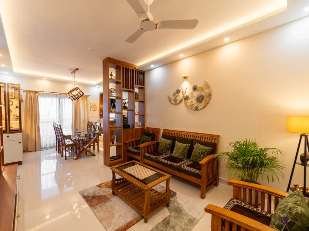 vách ngăn phòng khách và bếp gỗ tự nhiên