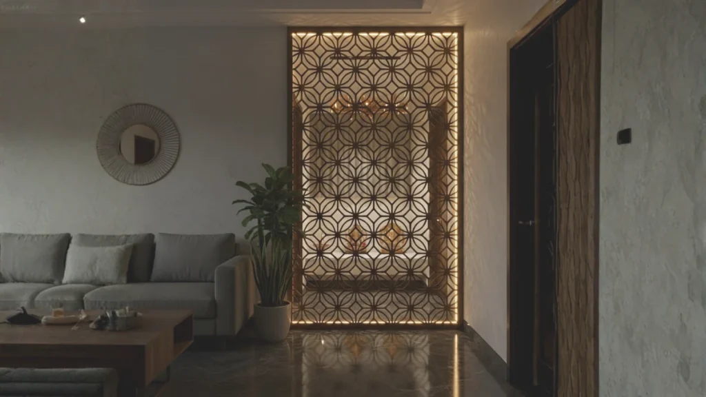 vách ngăn phòng thờ với phòng khách phân chia khu vực rõ ràng