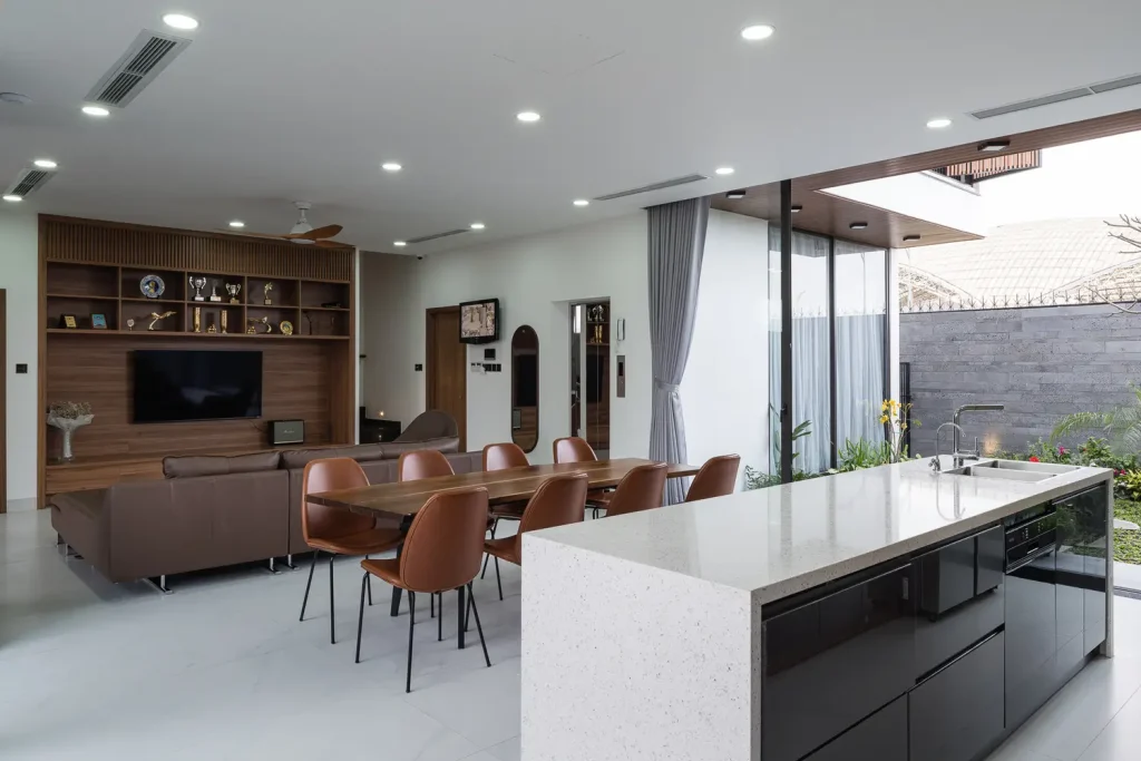 vách tivi phòng khách liền tủ tivi