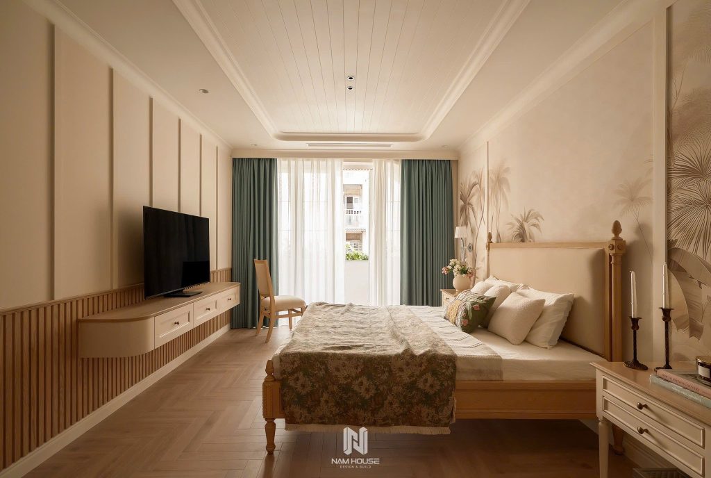 Ốp tường phòng ngủ bằng ván gỗ Plywood phủ veneer