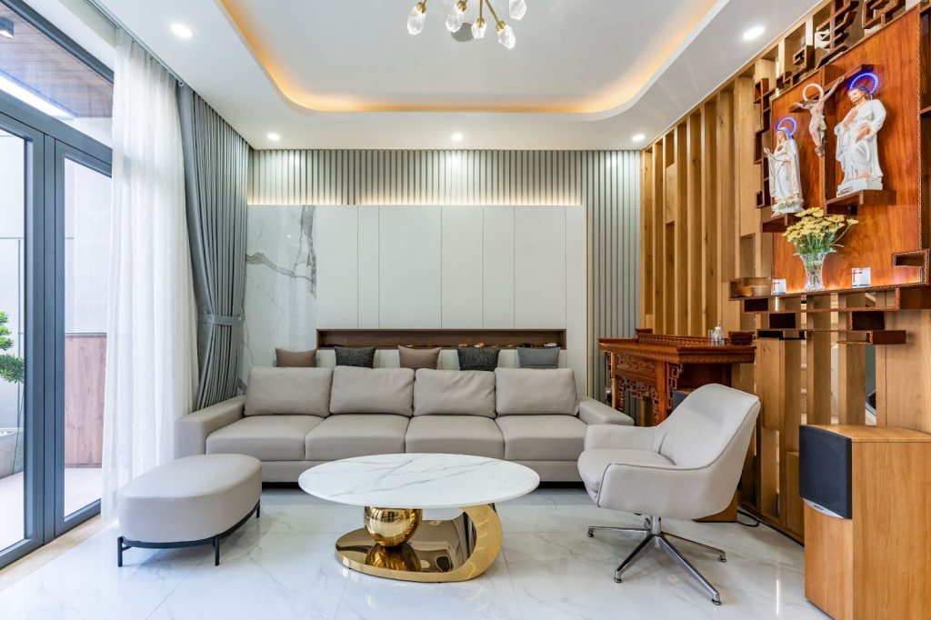 đá trắng vân mây lát sàn, ốp vách và bàn trà