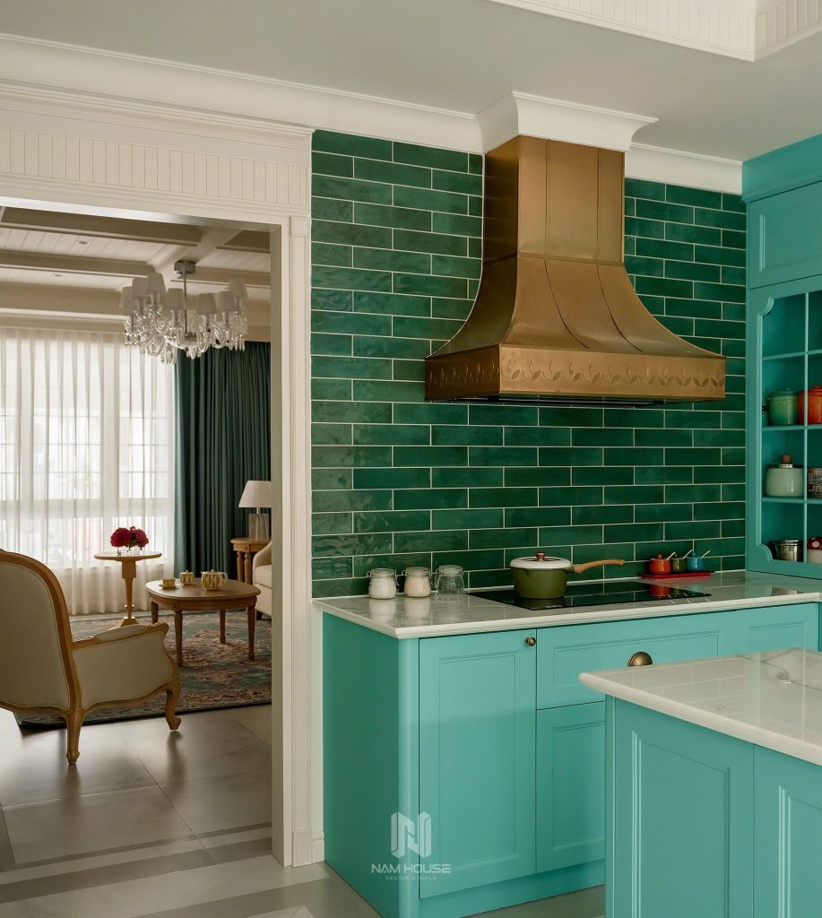 gạch mosaic màu xanh lá ốp bếp