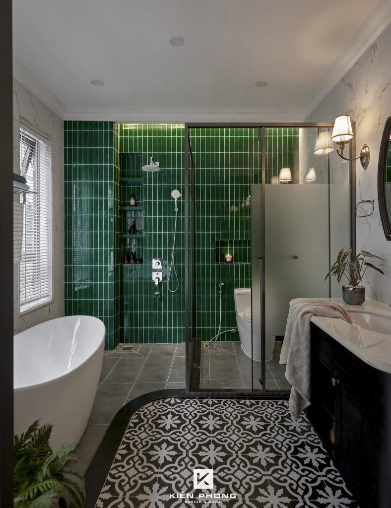 gạch mosaic màu xanh lá ốp tường phòng tắm