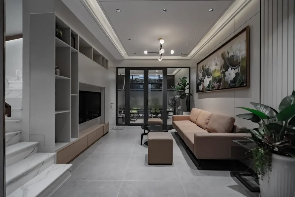 vách ngăn cầu thang kết hợp kệ tivi