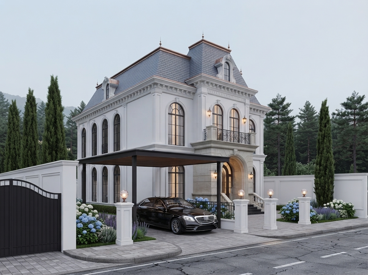 Góc 3/4 từ phía trái — mái mansard và nhịp cửa vòm