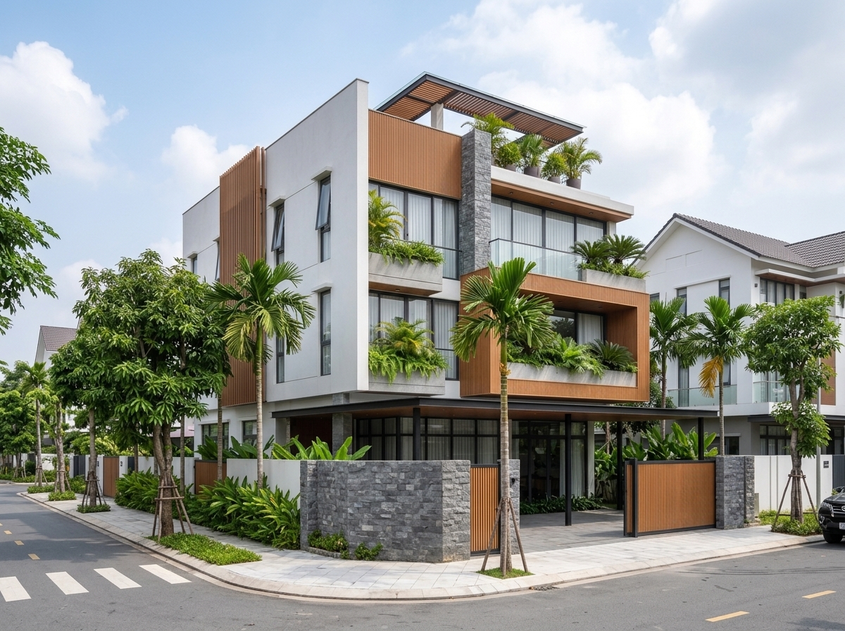 Góc nhìn 3/4 từ phía trái — các khối hộp so le tạo bóng đổ