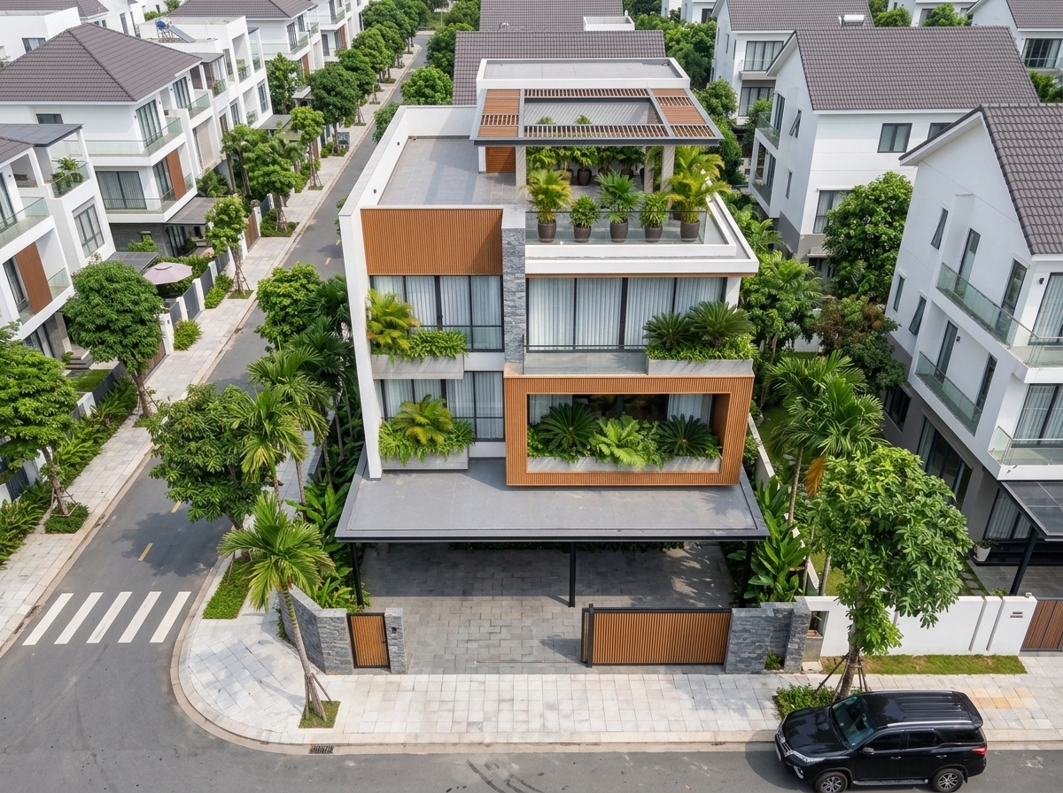 Nhìn từ trên cao — sân vườn tầng mái và giàn che
