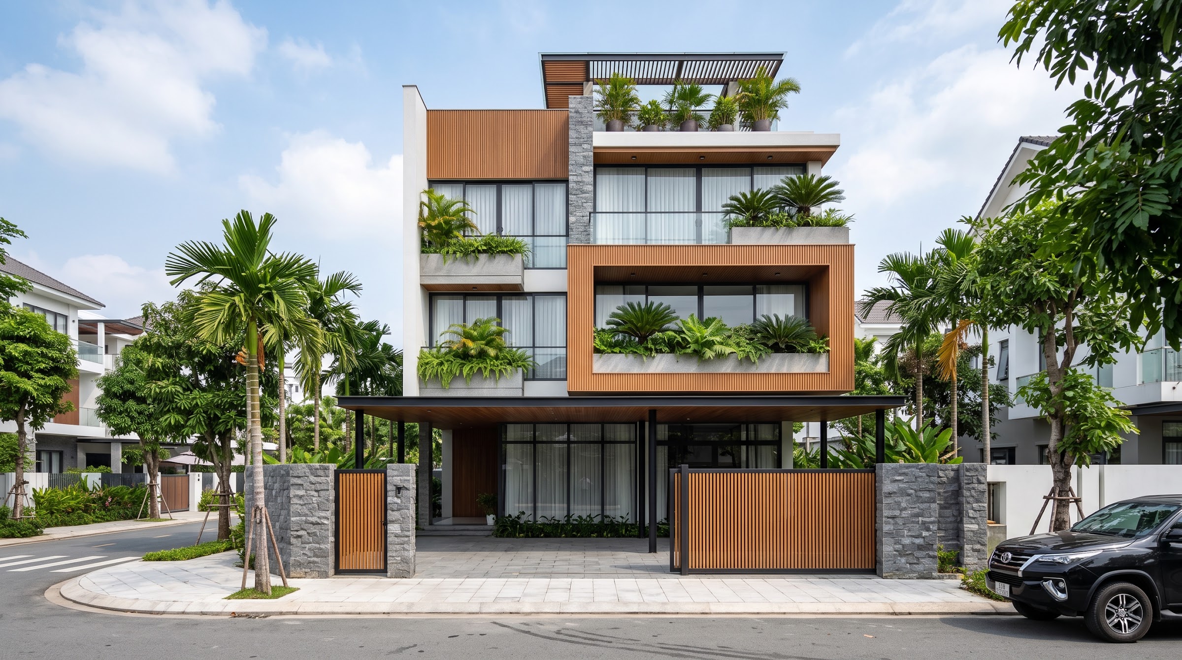 Phương án gốc — khối nhà phố góc 4 tầng nhìn trực diện