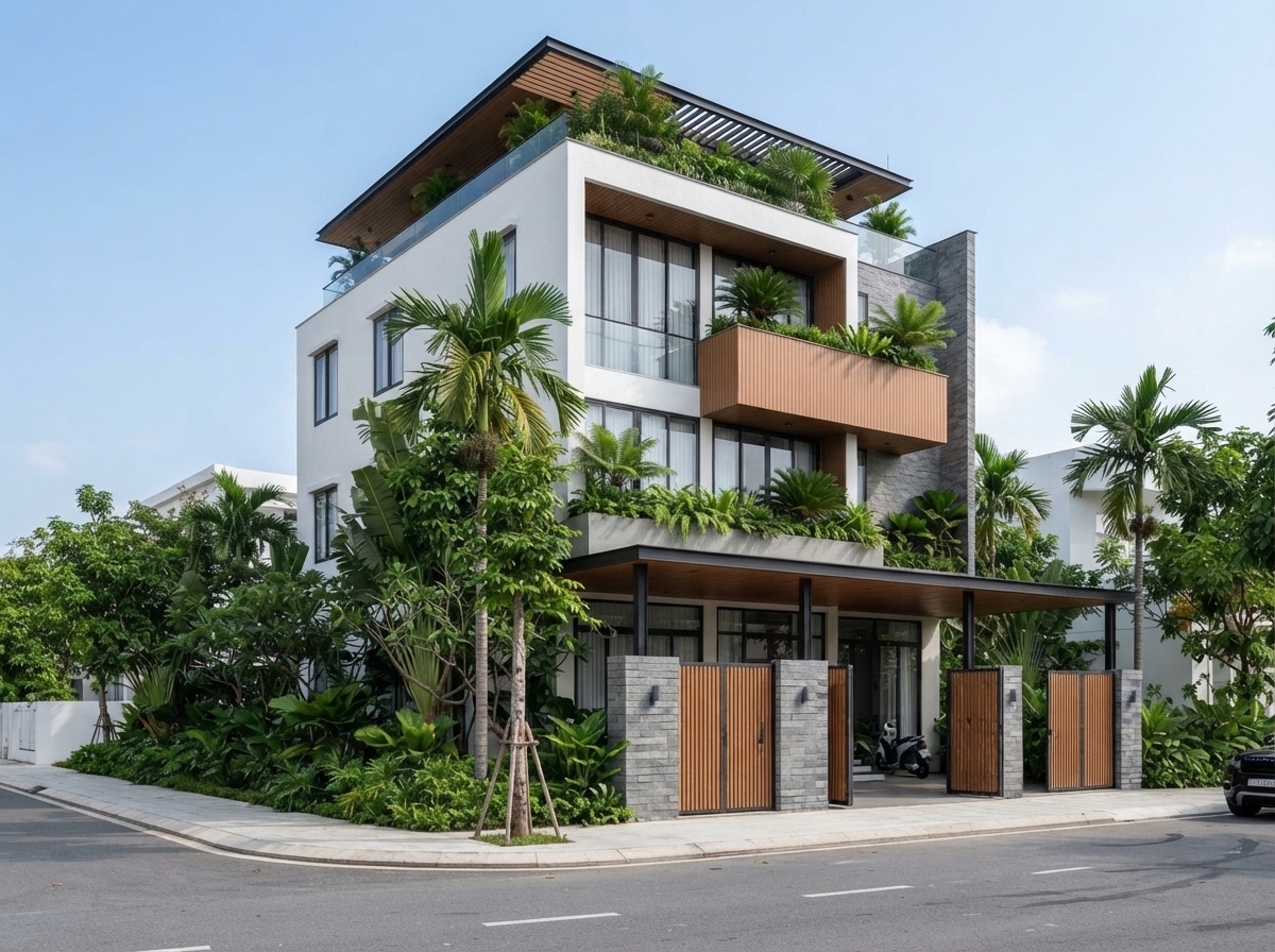 Góc 3/4 từ phía trái — các ban công hộp xếp thẳng hàng