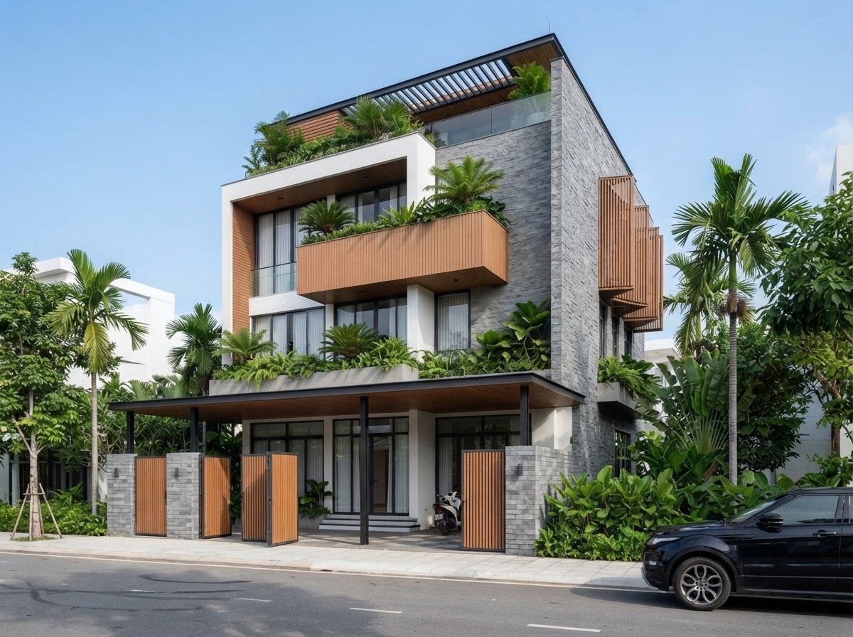Góc 3/4 từ phía phải — nhịp lặp đều đặn theo cả hai mặt tiền
