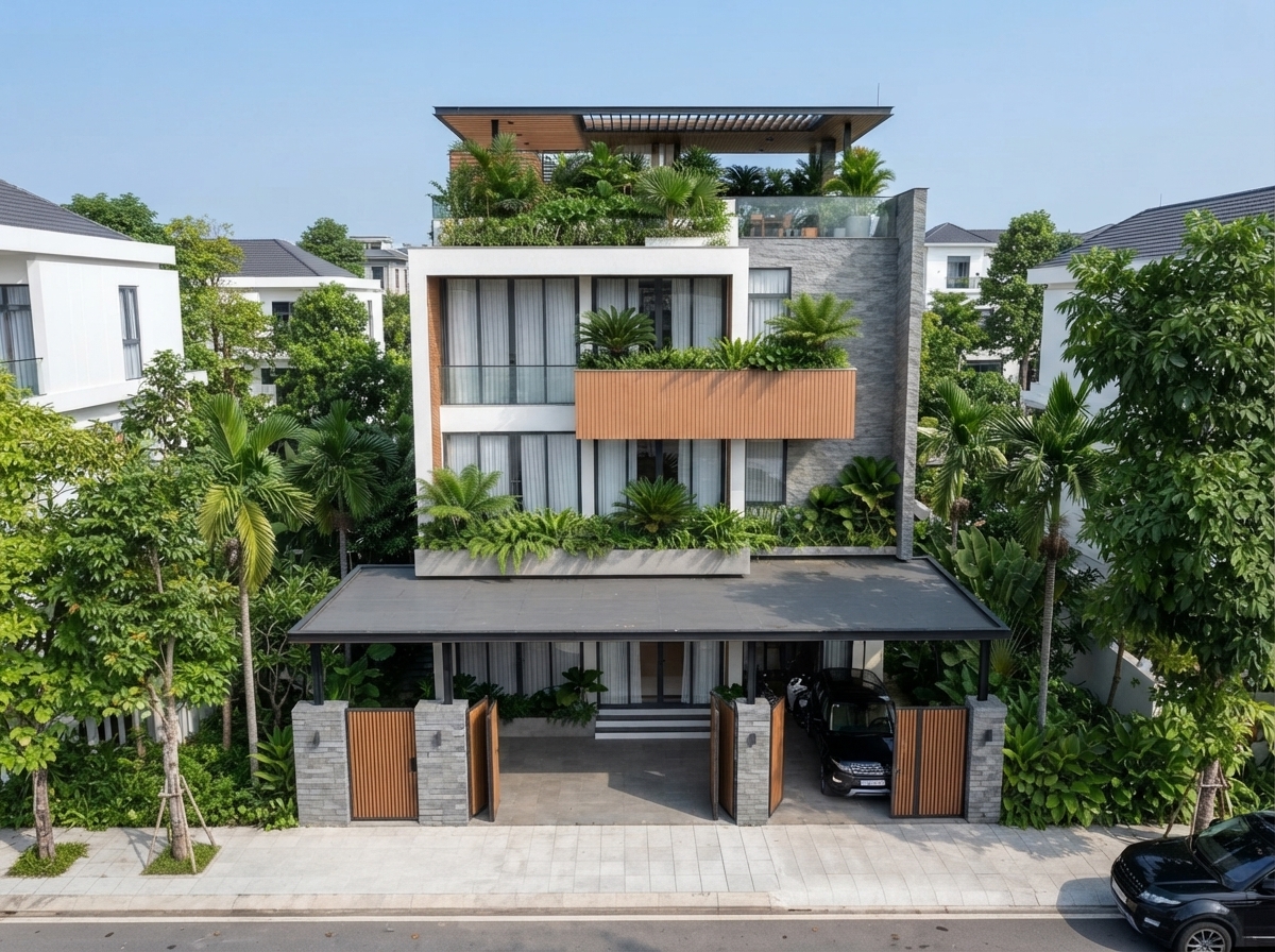 Nhìn từ trên cao — cách hai mặt tiền gặp nhau tại góc