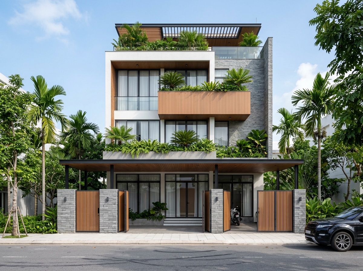 Phương án gốc — bố cục cân đối với ban công hộp ốp gỗ