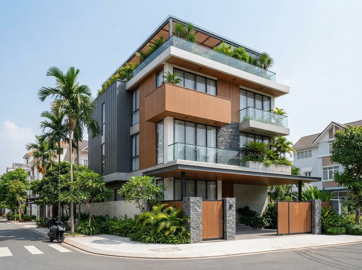 Góc 3/4 từ phía trái — ba vật liệu phân vai rõ