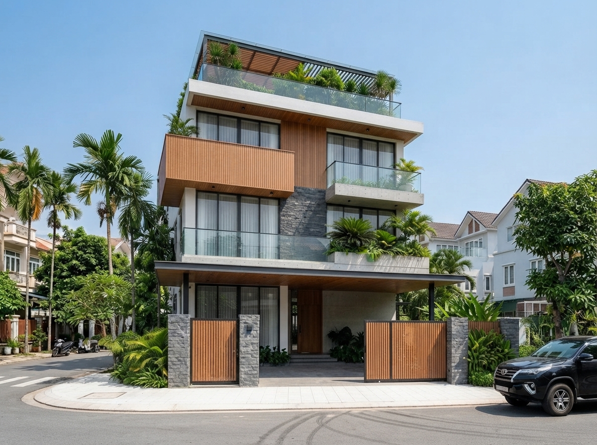 Góc 3/4 từ phía phải — mặt bên dài xử lý bằng nhịp panel và gỗ